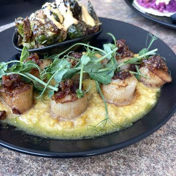 Water View Grill - Diver scallops on corn with Brussels sprouts. - Seafood Near Me - Portsmouth, New Hampshire Water View Grill - Diver scallops on corn with Brussels sprouts. - Seafood Near Me - Portsmouth, New Hampshire