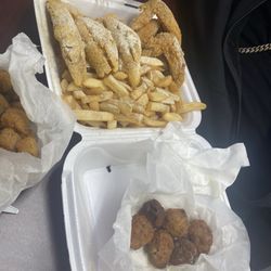 Hip Hop Fish & Chicken - Snapper, 3 wings, fries and bread with a side of hush puppies