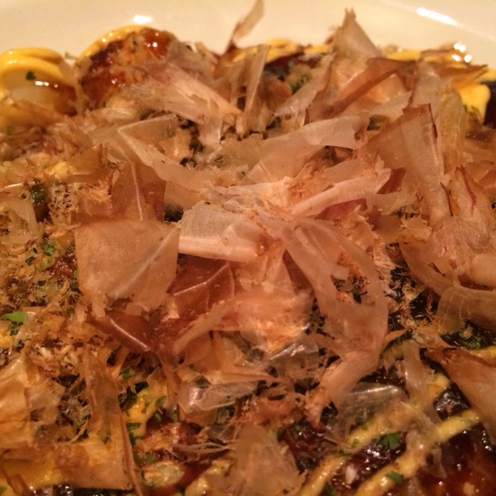 Teppanyaki Kyoto - Beautiful Bonita flakes on okonomoyaki (scallops, squid, shrimp) - Japanese Near Me - Pittsburgh, Pennsylvania Teppanyaki Kyoto - Beautiful Bonita flakes on okonomoyaki (scallops, squid, shrimp) - Japanese Near Me - Pittsburgh, Pennsylvania