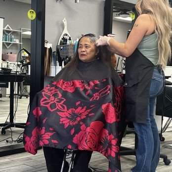 Beauty Mark Hair Salon - Mom getting her grey hair dyed and darkening her hair for a sleek elegant look. - Hair Stylists Near Me - Temecula, California Beauty Mark Hair Salon - Mom getting her grey hair dyed and darkening her hair for a sleek elegant look. - Hair Stylists Near Me - Temecula, California