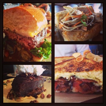 Whiskey Cake - Clockwise starting top left, OMG burger, Banh Mi sandwich, a surprise sandwich, Whiskey cake for dessert. - New American Near Me - Plano, Texas Whiskey Cake - Clockwise starting top left, OMG burger, Banh Mi sandwich, a surprise sandwich, Whiskey cake for dessert. - New American Near Me - Plano, Texas