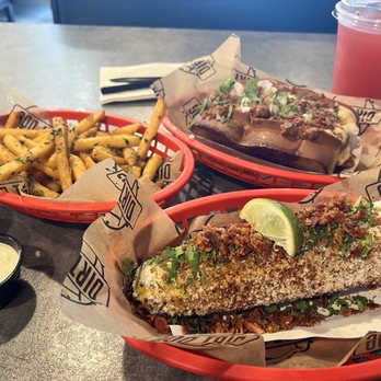 Dirt Dog Downey - Dirty chili dog on the brioche, garlic fries, dirty corn. Watermelon agua fresca. Complete fire! - Hot Dogs Near Me - Downey, California Dirt Dog Downey - Dirty chili dog on the brioche, garlic fries, dirty corn. Watermelon agua fresca. Complete fire! - Hot Dogs Near Me - Downey, California