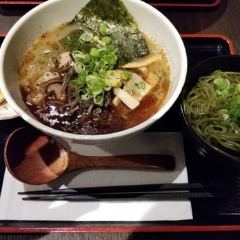Ramen Isshin - Vegetarian shoyu ramen with kale noodles in the bowl, kale noodles kaedama, and an egg on the side - Ramen Near Me - Toronto, Ontario Ramen Isshin - Vegetarian shoyu ramen with kale noodles in the bowl, kale noodles kaedama, and an egg on the side - Ramen Near Me - Toronto, Ontario