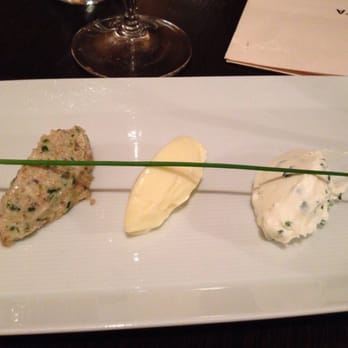 Blue Wagon - Trio of bread spreads - from left to right: some sort of mustard/tuna spread, softened butter, some sort of cheese with chives. - Modern European Near Me - Prague, Puerto Rico