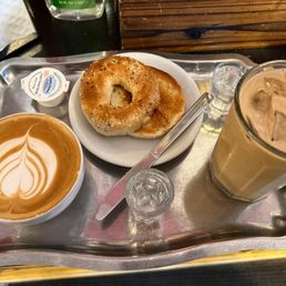 Latte, bagel, cold brew