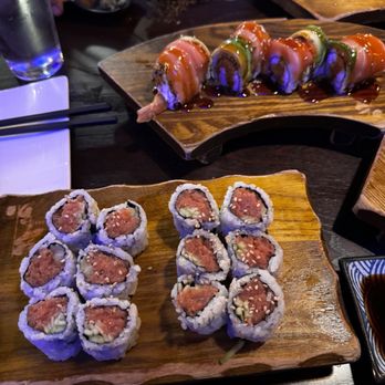 Sushi Tri - Spicy Tuna Roll + some sort of roll with salmon and crab meat - Sushi Bars Near Me - Novato, California Sushi Tri - Spicy Tuna Roll + some sort of roll with salmon and crab meat - Sushi Bars Near Me - Novato, California