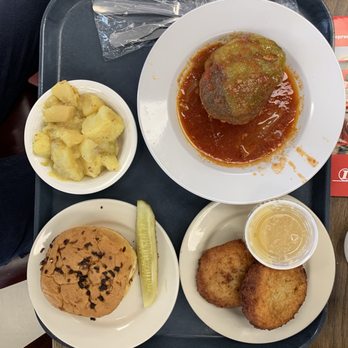 Shapiro's Delicatessen - Stuffed Pepper with Potato Pancakes, German Salad and an Onion Roll - Delis Near Me - Indianapolis, Indiana