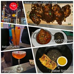 Dinner: Kreyòl Chicken, Rebel Salmon, Rebel Wings: Spicy Jerk, Pangotini, and Rebel Punch. Dinner: Kreyòl Chicken, Rebel Salmon, Rebel Wings: Spicy Jerk, Pangotini, and Rebel Punch.