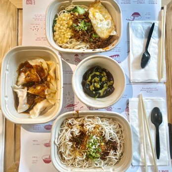 Mian - Pork dumplings (small), Sihuan Cold Noodles, Zajiang Noodles with Peas, and Thousand Year Egg. - Noodles Near Me - Artesia, California