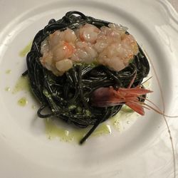 AcquaStanca Osteria - Black spaghetti with pesto and shrimp tartare.