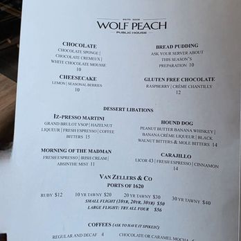 Wolf Peach Public House - Dessert with flight selection - Breakfast & Brunch Near Me - Parker, Colorado Wolf Peach Public House - Dessert with flight selection - Breakfast & Brunch Near Me - Parker, Colorado