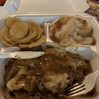Louis' Grille - Hamburger steak with onions and gravy, fried squash, mashed potatoes - Diners Near Me - Harrisburg, North Carolina