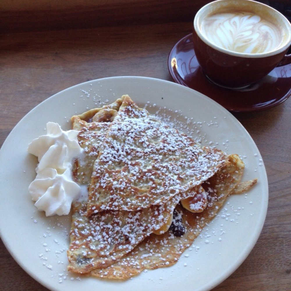 Bradbury's - Dark chocolate banana caramel pecan crepe and latte. - Coffee & Tea Near Me - Madison, Wisconsin Bradbury's - Dark chocolate banana caramel pecan crepe and latte. - Coffee & Tea Near Me - Madison, Wisconsin
