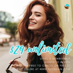 Sunchain Tanning - $29 Unlimited Tanning Membership. Month to Month, Manage online, Free to Cancel or Freeze.