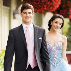 Angelo Italy Formal Wear - The Tuxedo Place - Black with light pink accessories Tux - Tuxedo Rental - Slim Fit Tux - Prom, weeding, chambelan, formal wear