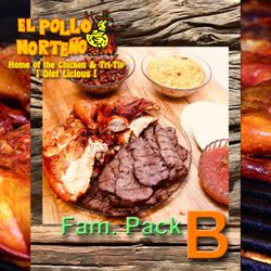 El Pollo Norteno - 8 pieces of Chicken (assorted) and 1 Pound of Tri-Tip. Includes 16 oz of beans, 16 oz of rice, 12 oz of salsa, and four sets of tortillas.