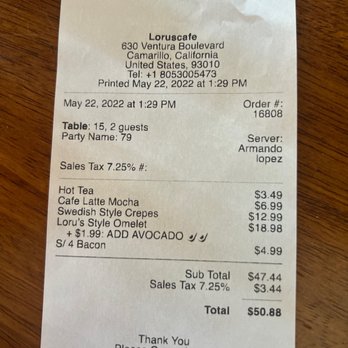 Loru’s Cafe - The total bill, quite reasonable. - Breakfast & Brunch Near Me - Camarillo, California Loru’s Cafe - The total bill, quite reasonable. - Breakfast & Brunch Near Me - Camarillo, California