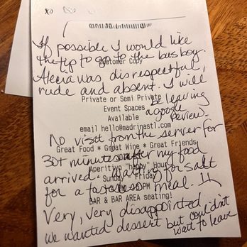 Madrina - This is what I wrote on my receipt. It's possible the server could hide it and management won't see it so I share it here. - Italian Near Me - Webster Groves, Missouri