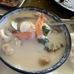 Coconut soup - with shrimp tails attached. Choking hazard! Soup was very milky and had no flavor. Coconut soup - with shrimp tails attached. Choking hazard! Soup was very milky and had no flavor.