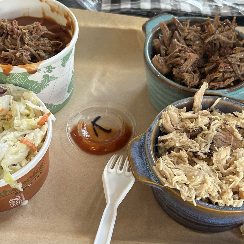 Strum's BBQ - Top left beans topped with brisket bottom left Cole slaw. Top right chopped brisket. Bottom right pulled chicken (my fave) - Barbeque Near Me - Morris, Illinois Strum's BBQ - Top left beans topped with brisket bottom left Cole slaw. Top right chopped brisket. Bottom right pulled chicken (my fave) - Barbeque Near Me - Morris, Illinois