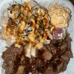 Chopped Steak w/ Caramelized Onions and Pan-Fried Poke Chopped Steak w/ Caramelized Onions and Pan-Fried Poke