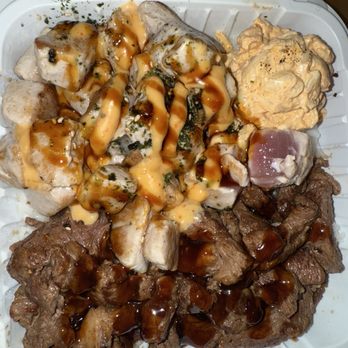 Da Bald Guy - Chopped Steak w/ Caramelized Onions and Pan-Fried Poke - Food Trucks Near Me - Kahuku, Hawaii Da Bald Guy - Chopped Steak w/ Caramelized Onions and Pan-Fried Poke - Food Trucks Near Me - Kahuku, Hawaii