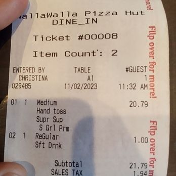 Pizza Hut - Receipt - Pizza Near Me - Walla Walla, Washington
