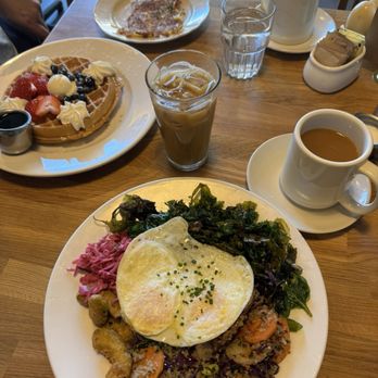 Hope Breakfast Bar - St. Paul - Egg farm grazer, waffle, side of hashbrowns, drip coffee, sea salt caramel coffee. - Breakfast & Brunch Near Me - Saint Paul, Minnesota