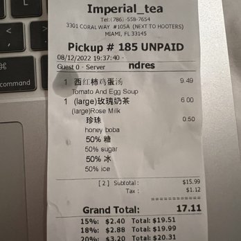 Imperial Tea - The receipt for how much they charged for the soup that barely have egg, barely have tomato, just water - Bubble Tea Near Me - Miami, Florida Imperial Tea - The receipt for how much they charged for the soup that barely have egg, barely have tomato, just water - Bubble Tea Near Me - Miami, Florida
