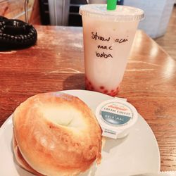 Bon Bon's Coffee - Plain bagel & strawberry refresher with mac milk & strawberry popping boba!