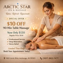 Arctic Star spa & massage - $10 off for 90-minute table massage only $120 (REG. $130)