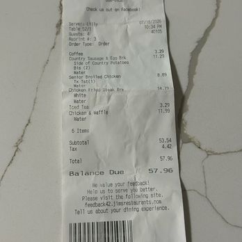 Jim's Restaurants - Receipt - Diners Near Me - San Antonio, Texas