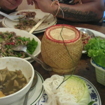 Vientian Cafe - Bamboo shoot soup, beef laap (semi-cook/raw), sticky rice, and papaya salad (Lao style extra, extra spicy) - Vietnamese Near Me - Oakland, California Vientian Cafe - Bamboo shoot soup, beef laap (semi-cook/raw), sticky rice, and papaya salad (Lao style extra, extra spicy) - Vietnamese Near Me - Oakland, California