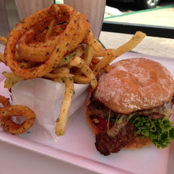 Burger Lounge - Original Lounge Burger and Half & Half (onion rings and French fries). - Burgers Near Me - Del Mar, California Burger Lounge - Original Lounge Burger and Half & Half (onion rings and French fries). - Burgers Near Me - Del Mar, California