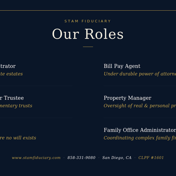 Stam Fiduciary - Stam Fiduciary, we serve as the neutral, licensed professional your estate plan needs - Wills, Trusts, & Probates Near Me - San Diego, California Stam Fiduciary - Stam Fiduciary, we serve as the neutral, licensed professional your estate plan needs - Wills, Trusts, & Probates Near Me - San Diego, California