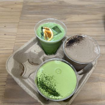 Offbeat Coffee - sunny matcha up top. twice hojicha on the right. twice matcha on the bottom. hella good - Coffee & Tea Near Me - Sacramento, California Offbeat Coffee - sunny matcha up top. twice hojicha on the right. twice matcha on the bottom. hella good - Coffee & Tea Near Me - Sacramento, California
