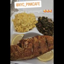 Pink Cafe - Fried red snapper with collard greens and mac n cheese.