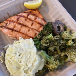 Daily Catch from FLAME stand - Salmon filet, mashed potatoes, broccoli and mushrooms Daily Catch from FLAME stand - Salmon filet, mashed potatoes, broccoli and mushrooms