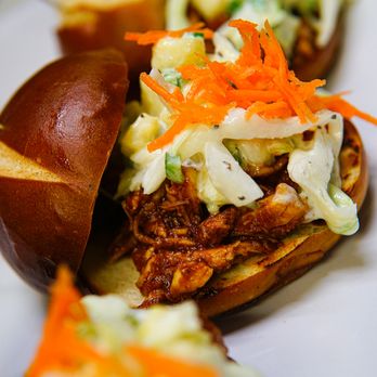 the Glowbal - BBQ Chicken Sliders w/ pineapple jalapeno slaw on Pretzel bun - Bars Near Me - Tucson, Arizona the Glowbal - BBQ Chicken Sliders w/ pineapple jalapeno slaw on Pretzel bun - Bars Near Me - Tucson, Arizona