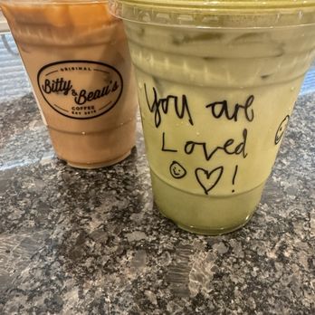 Bitty & Beau’s - Iced latte and matcha with strawberry cold foam - Coffee & Tea Near Me - Tucson, Arizona