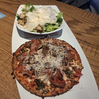 California Pizza Kitchen - Lunch Duo: mushroom, pepperoni and sausage pizza with Caesar salad - Salad Near Me - Encinitas, California