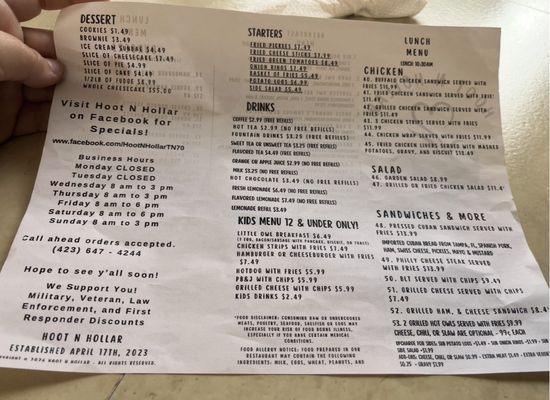Menu photo 1 Hoot N Hollar Rogersville, TN