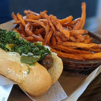 Bangers & Brews - Westside - Wild Boar sausage and sweet potato fries - German Near Me - Bend, Oregon