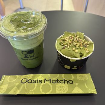 Oasis Matcha - Coconut water matcha latte (left) Pistachio gelato - Tea Rooms Near Me - Las Vegas, Nevada
