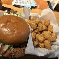 Red Top - Chicken sandwich and tater tots.