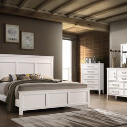 Master bedroom set in white finish. Also available in youth
