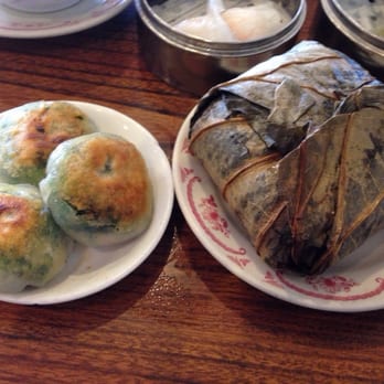 Kon Chau Restaurant - (Left) Chive Shrimp cake and (right) Sticky Rice in Lotus Leaf - Dim Sum Near Me - Miami, Florida Kon Chau Restaurant - (Left) Chive Shrimp cake and (right) Sticky Rice in Lotus Leaf - Dim Sum Near Me - Miami, Florida