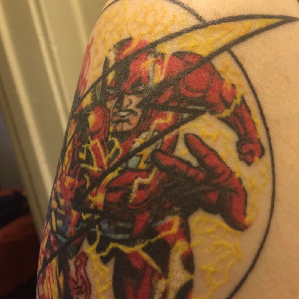 Great flash and reverse flash tattoo done by Kara in August 2015. Great job Kara!! I love how you made it turn out. Thank you!' Great flash and reverse flash tattoo done by Kara in August 2015. Great job Kara!! I love how you made it turn out. Thank you!'