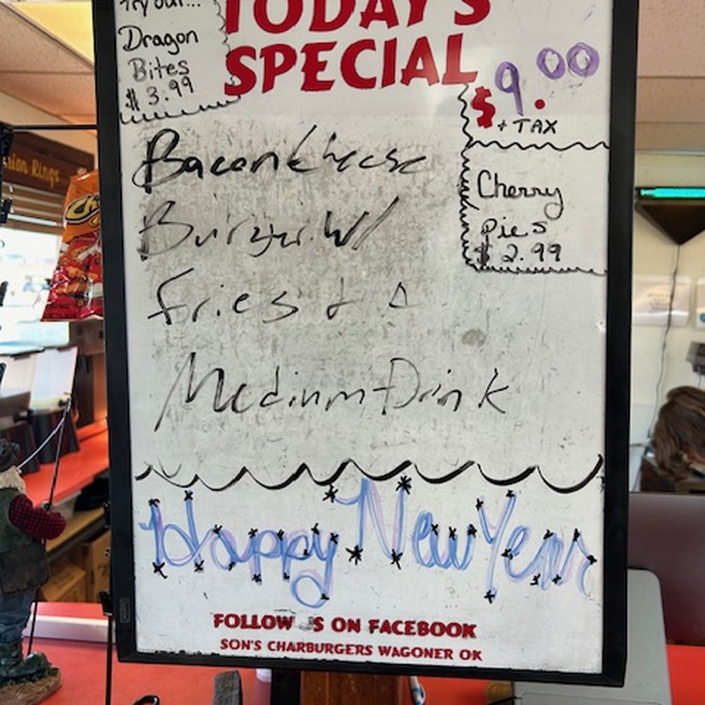 Son's Charburgers - a sign for a special offer - New American Near Me - Wagoner, Oklahoma Son's Charburgers - a sign for a special offer - New American Near Me - Wagoner, Oklahoma