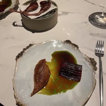 Sons & Daughters - Quail prepared two ways, breast and legs (blackberry glazed), served with beets and a split lovage sauce - New American Near Me - San Francisco, California Sons & Daughters - Quail prepared two ways, breast and legs (blackberry glazed), served with beets and a split lovage sauce - New American Near Me - San Francisco, California